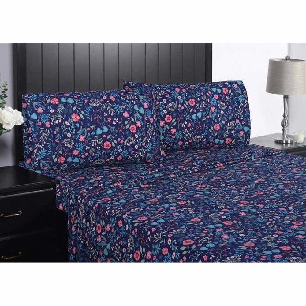 South Point FULL Microfiber Fitted & Flat Sheet Bedding Set Navy Blue Floral